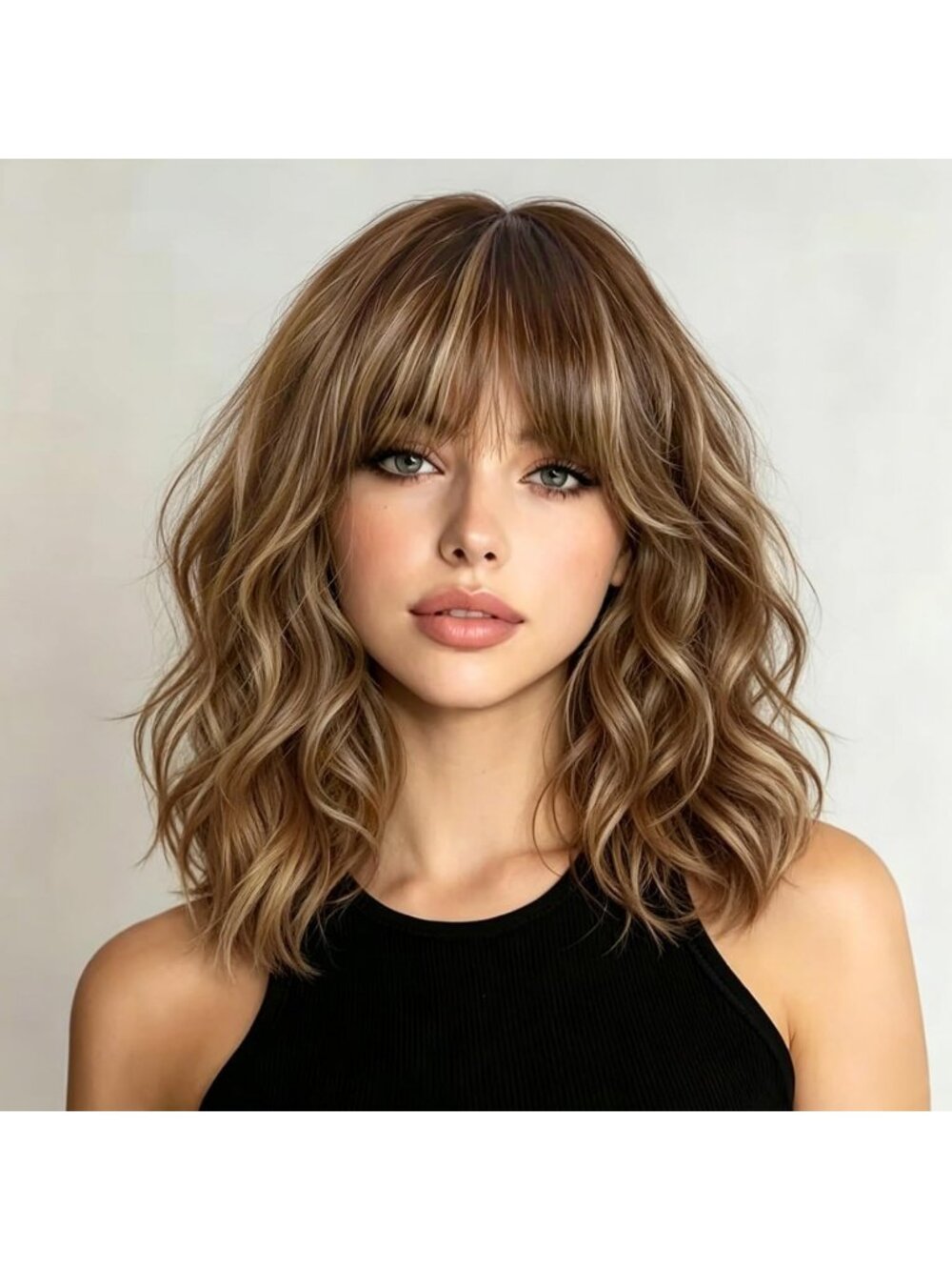 14 inch Women's Fashion Brown Mix Blonde Soft Short Bob Curly Wig with Bangs